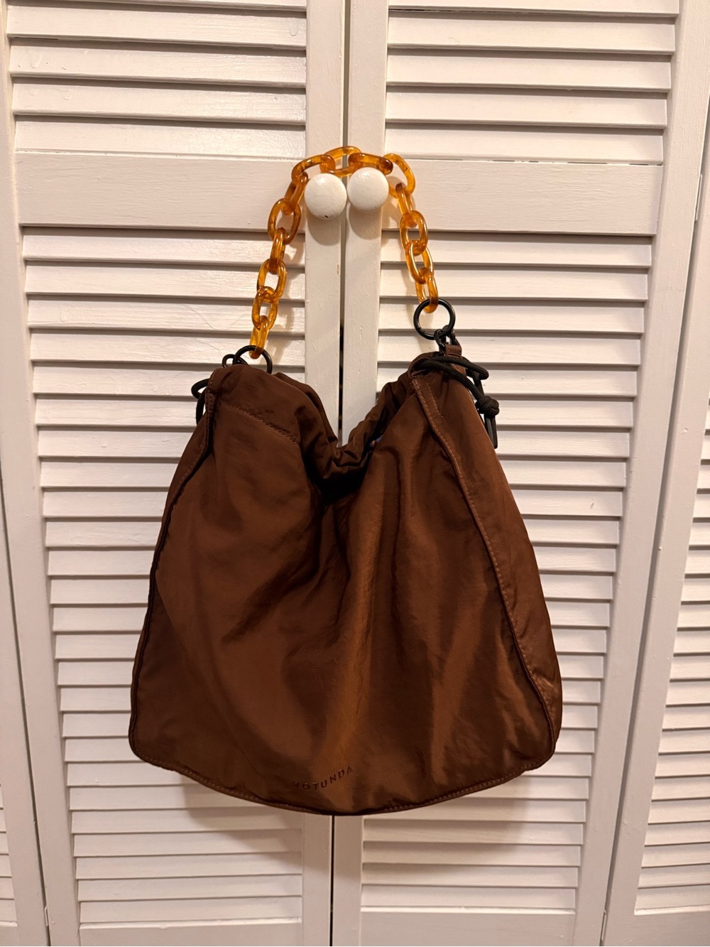 Rotunda Brown Shoulder Bag with Amber Chain Handle & Hot Pink/Blue Rope Strape